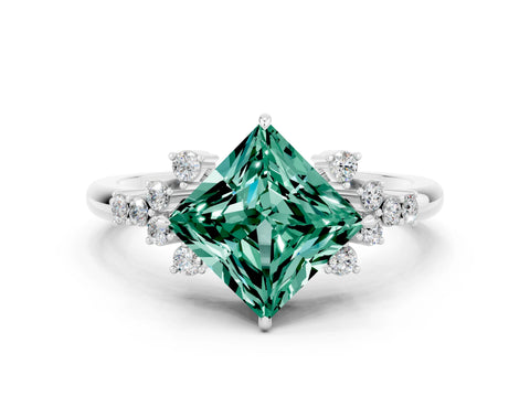 White gold Princess Cut Green Sapphire Ring with Side Stones and Four-Prong Setting_36