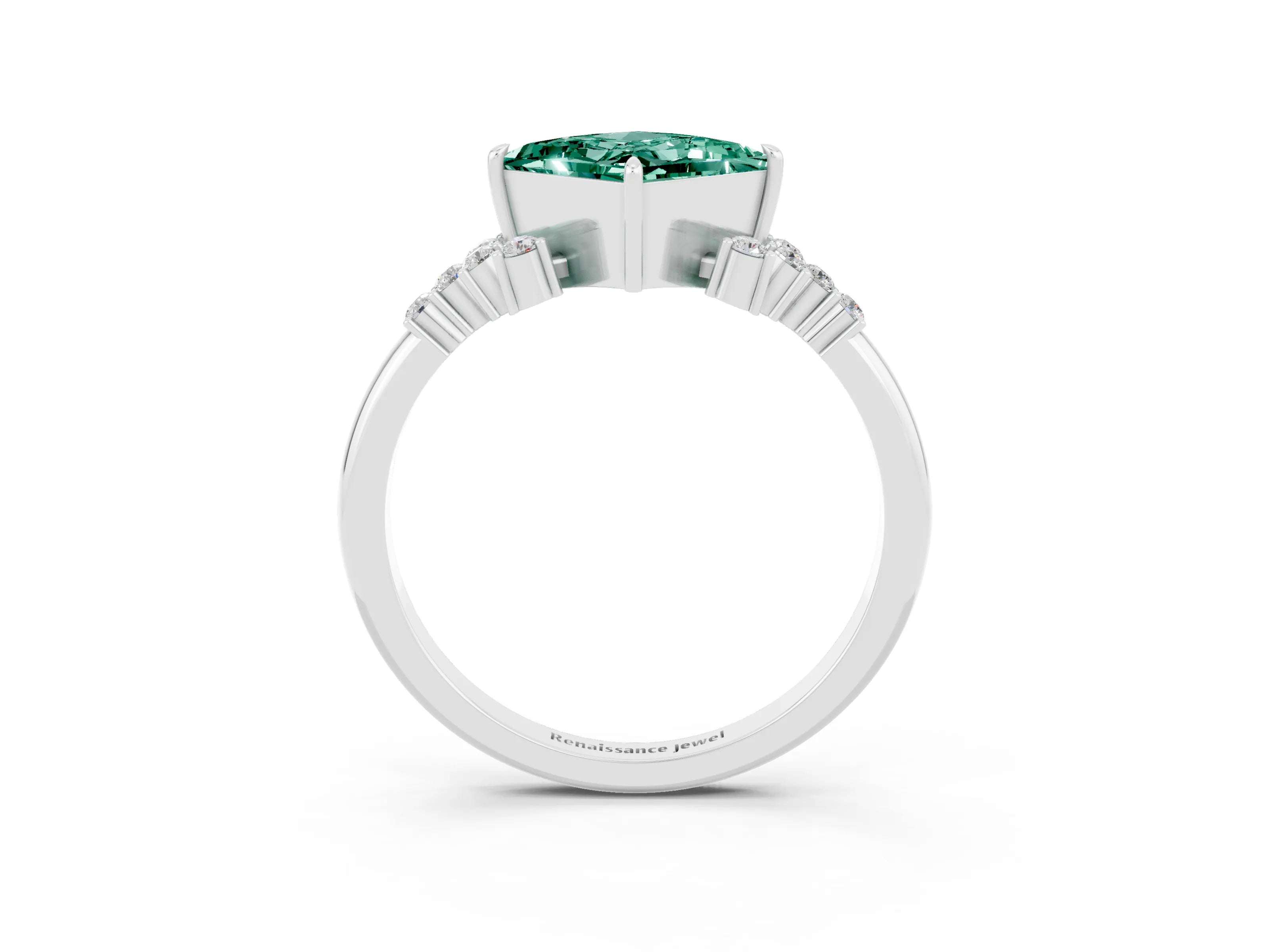 White gold Princess Cut Green Sapphire Ring with Side Stones and Four-Prong Setting_39