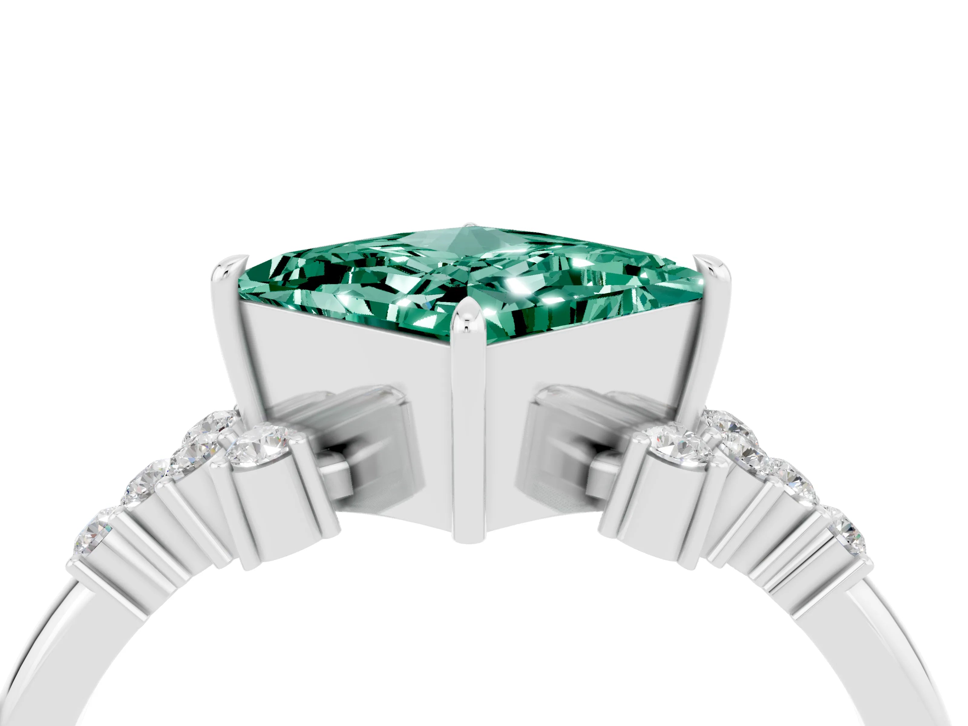 White gold Princess Cut Green Sapphire Ring with Side Stones and Four-Prong Setting_40