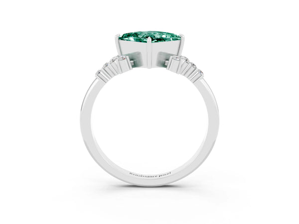 Silver Princess Cut Green Sapphire Ring with Side Stones and Four-Prong Setting