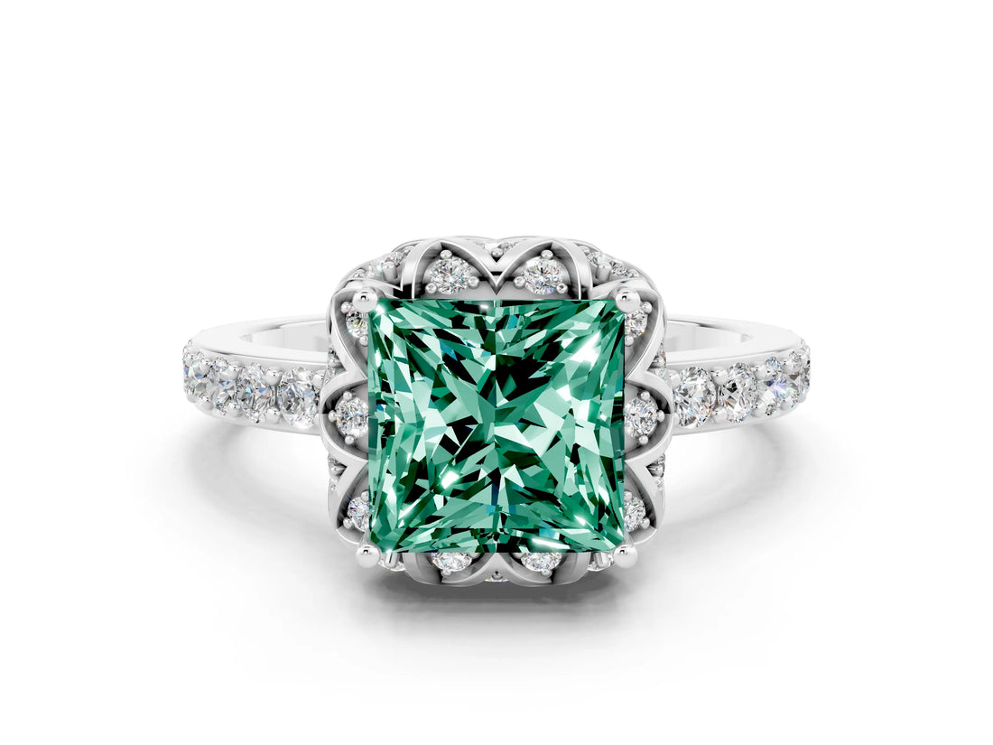 White gold Princess Cut Green Sapphire Scalloped Halo Engagement Ring with Round Shared Prong Band_12