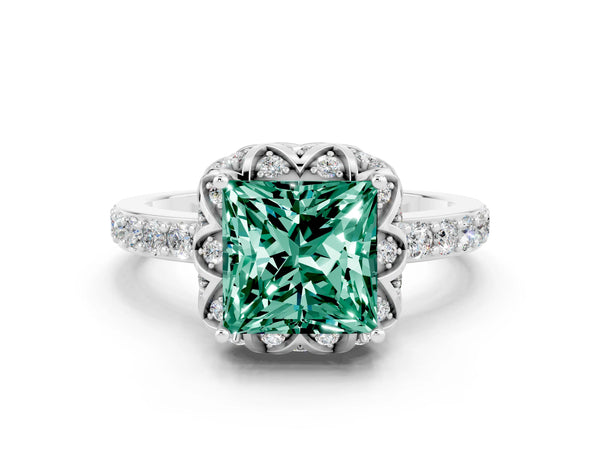 Platinum Princess Cut Green Sapphire Scalloped Halo Engagement Ring with Round Shared Prong Band