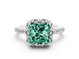 White gold Princess Cut Green Sapphire Scalloped Halo Engagement Ring with Round Shared Prong Band_12