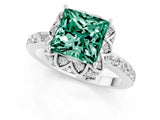 White gold Princess Cut Green Sapphire Scalloped Halo Engagement Ring with Round Shared Prong Band_13