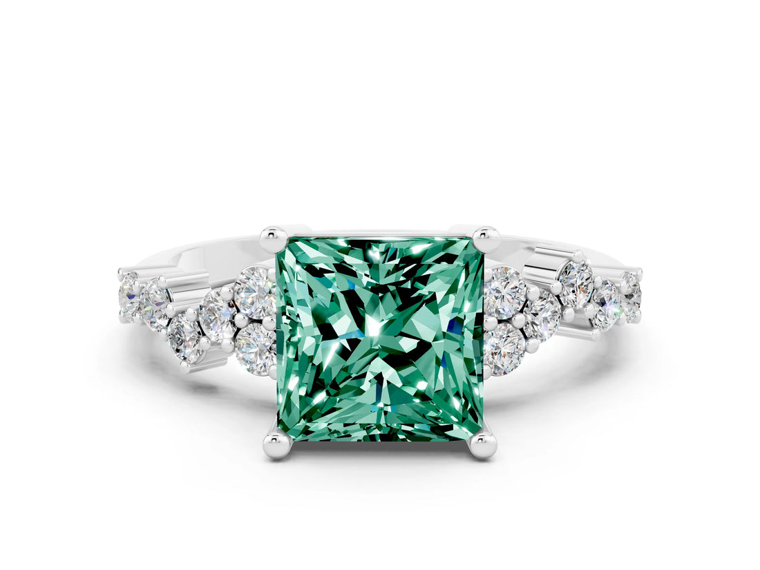 White gold Princess Cut Green Sapphire Scattered Round Accent Ring with Prong Setting_24