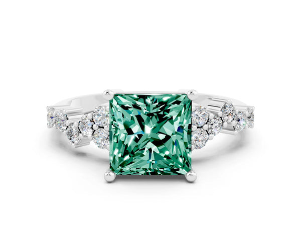 White gold Princess Cut Green Sapphire Scattered Round Accent Ring with Prong Setting