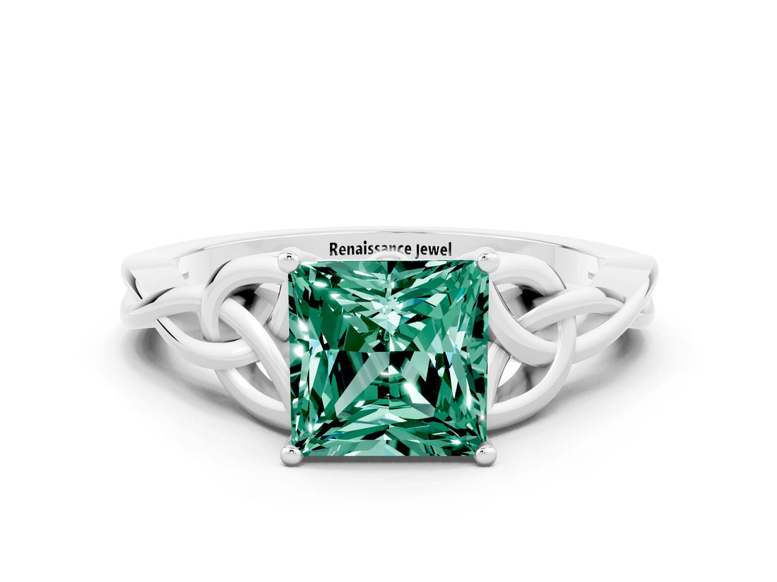 White gold Princess Cut Green Sapphire Solitaire Celtic Knot Ring with Four-Prong Setting_12