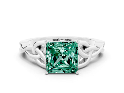 White gold Princess Cut Green Sapphire Solitaire Celtic Knot Ring with Four-Prong Setting_12