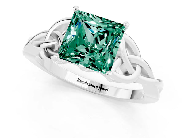 Platinum Princess Cut Green Sapphire Solitaire Celtic Knot Ring with Four-Prong Setting