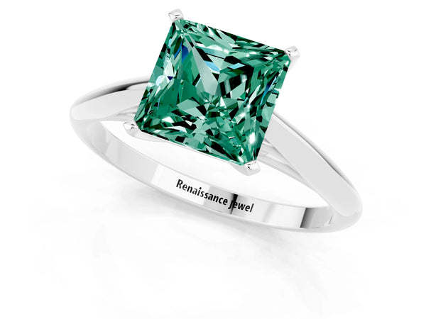 Platinum Princess Cut Green Sapphire Solitaire Engagement Ring with Cathedral Setting and Four-Prong Mount