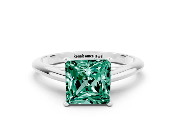 White gold Princess Cut Green Sapphire Solitaire Engagement Ring with Cathedral Setting and Four-Prong Mount