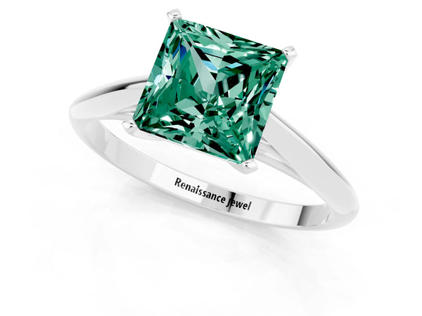 White gold Princess Cut Green Sapphire Solitaire Engagement Ring with Cathedral Setting and Four-Prong Mount