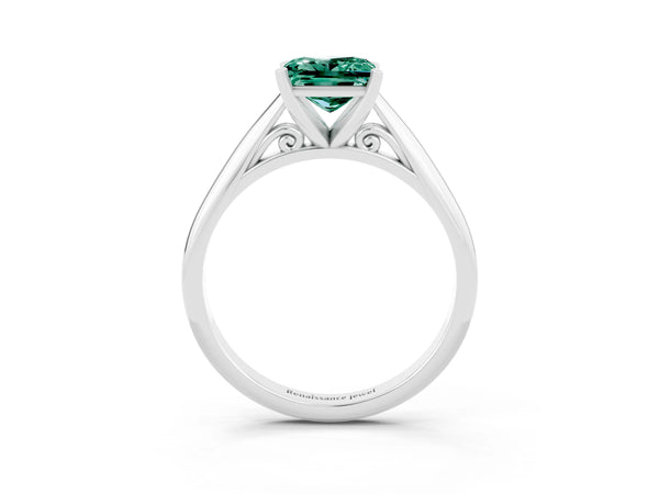White gold Princess Cut Green Sapphire Solitaire Engagement Ring with Cathedral Setting and Four-Prong Mount