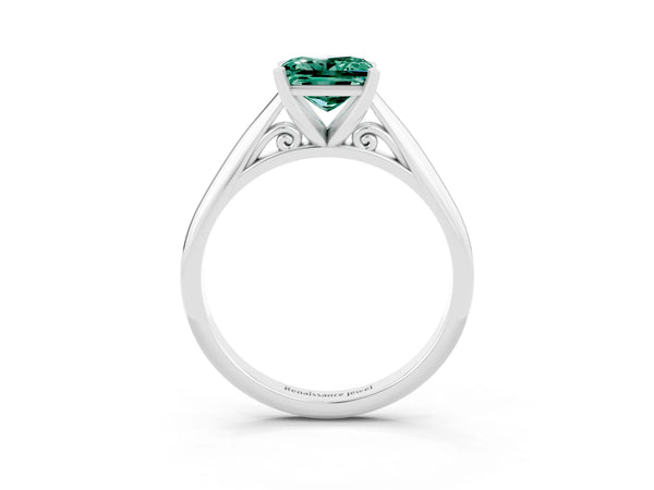 White gold Princess Cut Green Sapphire Solitaire Engagement Ring with Cathedral Setting and Four-Prong Mount