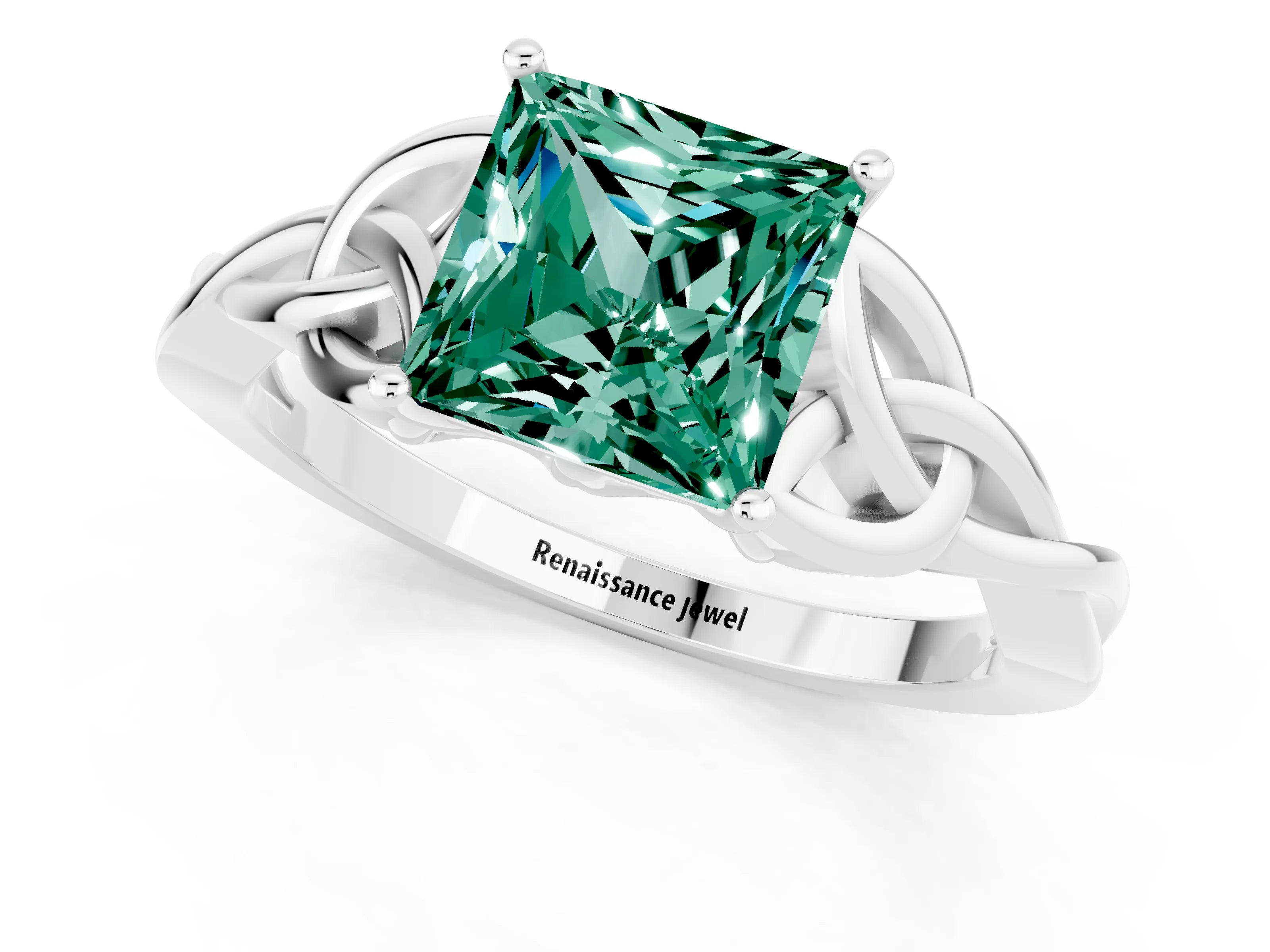 White gold Princess Cut Green Sapphire Solitaire Engagement Ring with Celtic Knot Band and Four-Prong Setting_1