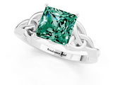 White gold Princess Cut Green Sapphire Solitaire Engagement Ring with Celtic Knot Band and Four-Prong Setting_1
