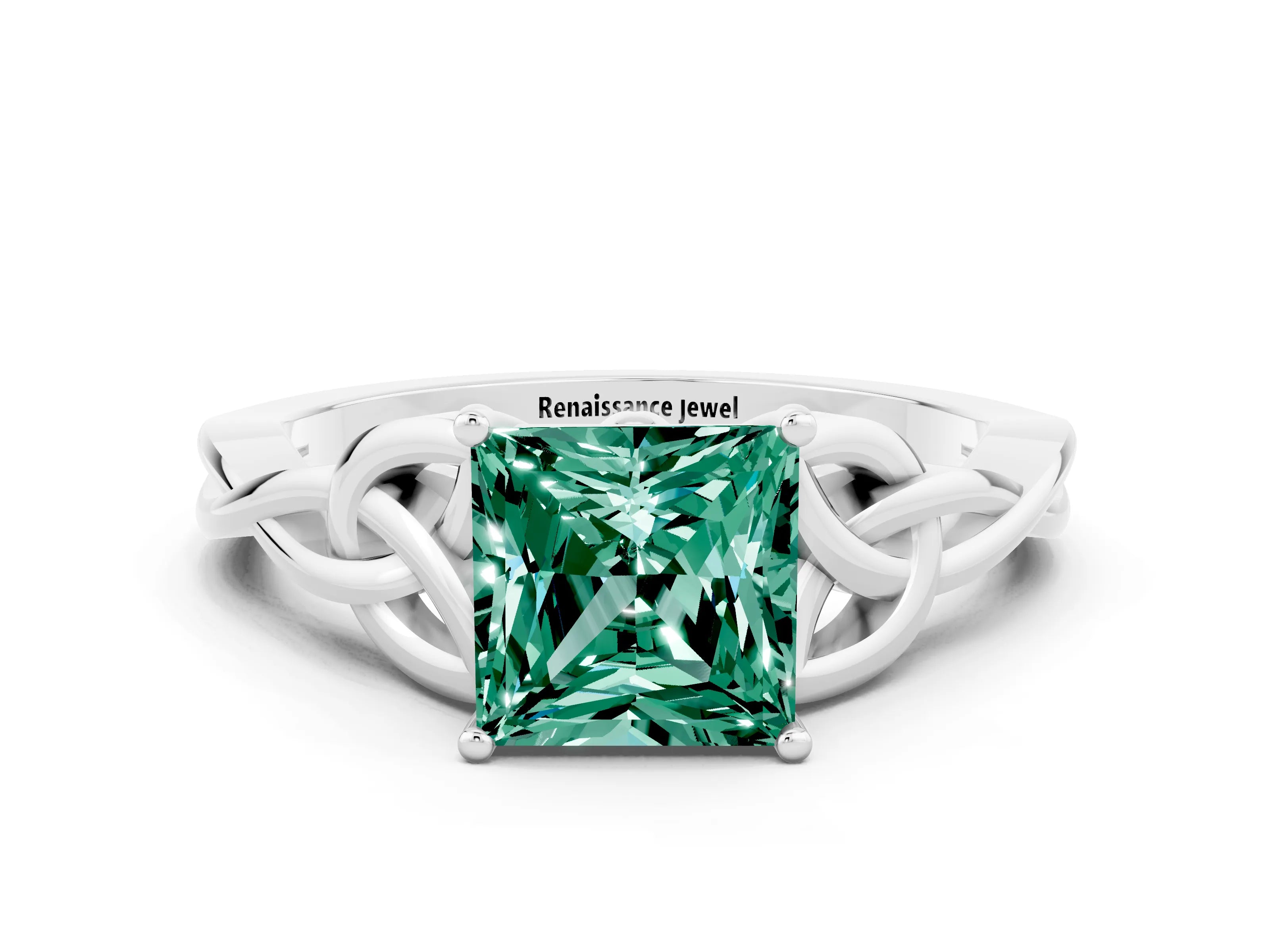 White gold Princess Cut Green Sapphire Solitaire Engagement Ring with Celtic Knot Band and Four-Prong Setting
