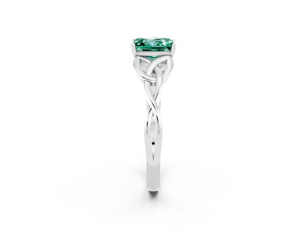 Silver Princess Cut Green Sapphire Solitaire Engagement Ring with Celtic Knot Band and Four-Prong Setting