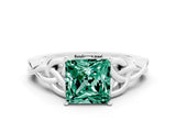White gold Princess Cut Green Sapphire Solitaire Engagement Ring with Celtic Knot Band and Four-Prong Setting