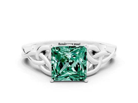 White gold Princess Cut Green Sapphire Solitaire Engagement Ring with Celtic Knot Band and Four-Prong Setting