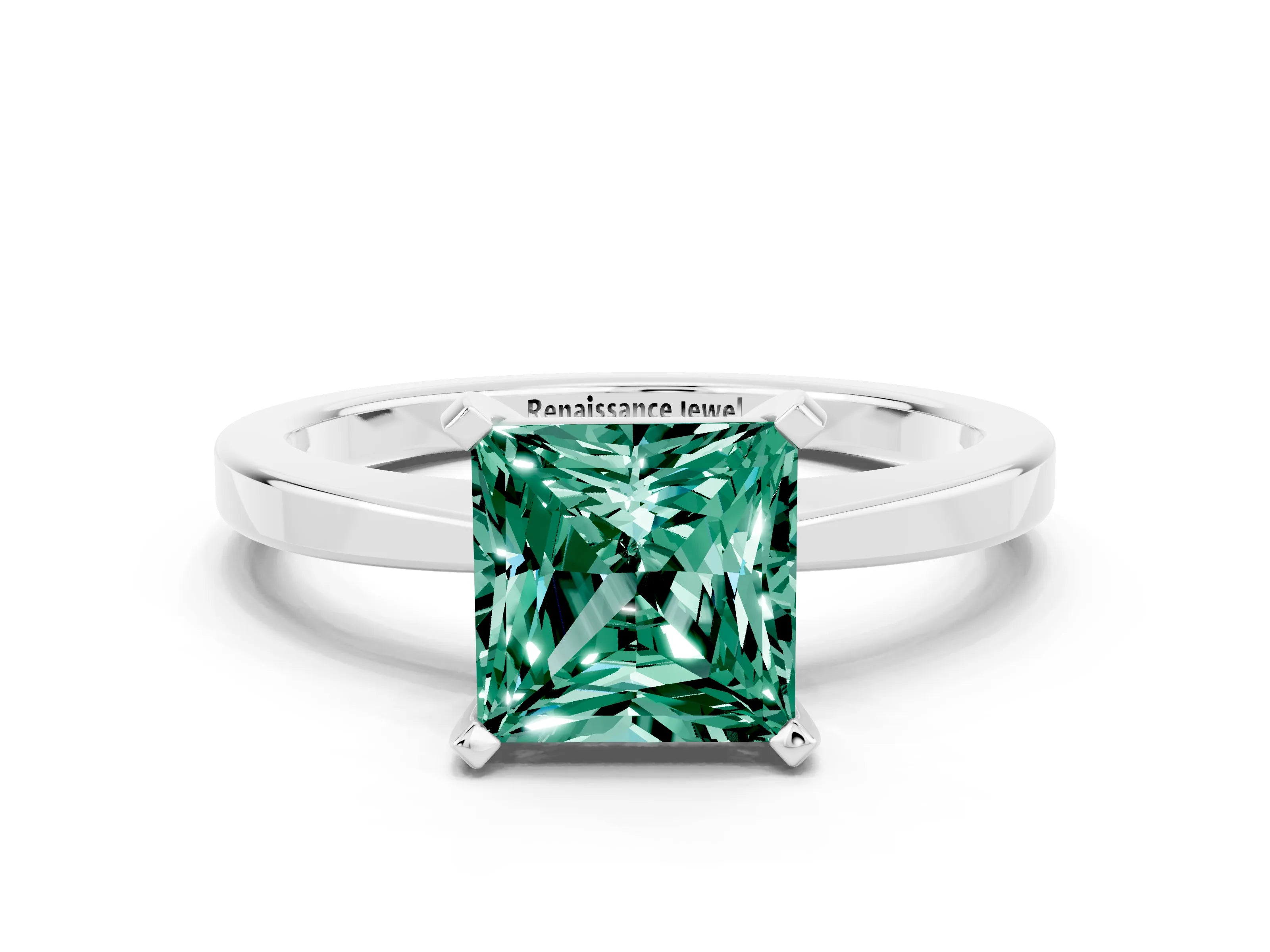 White gold Princess Cut Green Sapphire Solitaire Engagement Ring with Classic Band and Four-Prong Setting_24