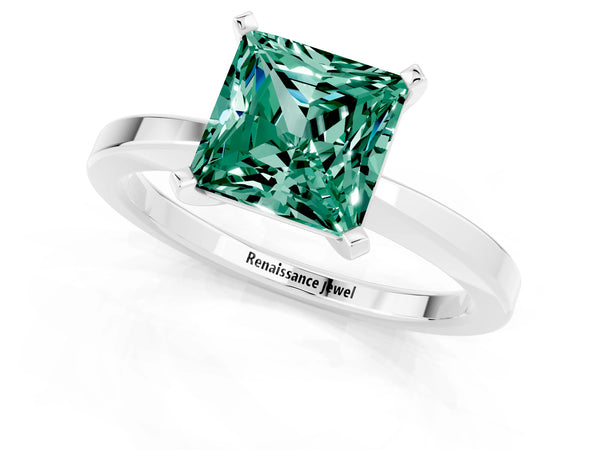 Platinum Princess Cut Green Sapphire Solitaire Engagement Ring with Classic Band and Four-Prong Setting