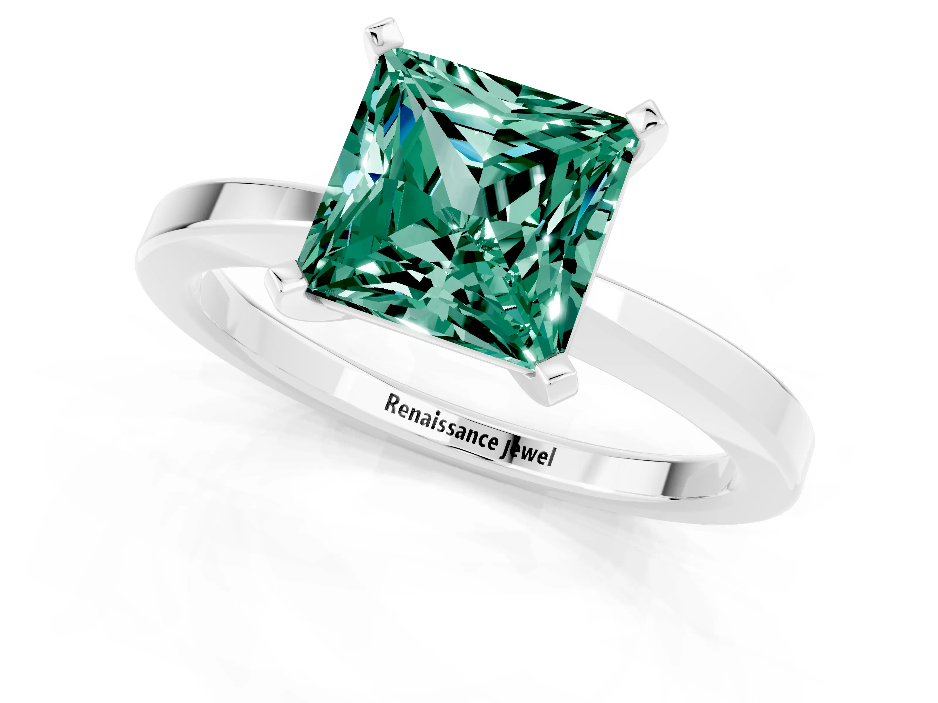 White gold Princess Cut Green Sapphire Solitaire Engagement Ring with Classic Band and Four-Prong Setting_25