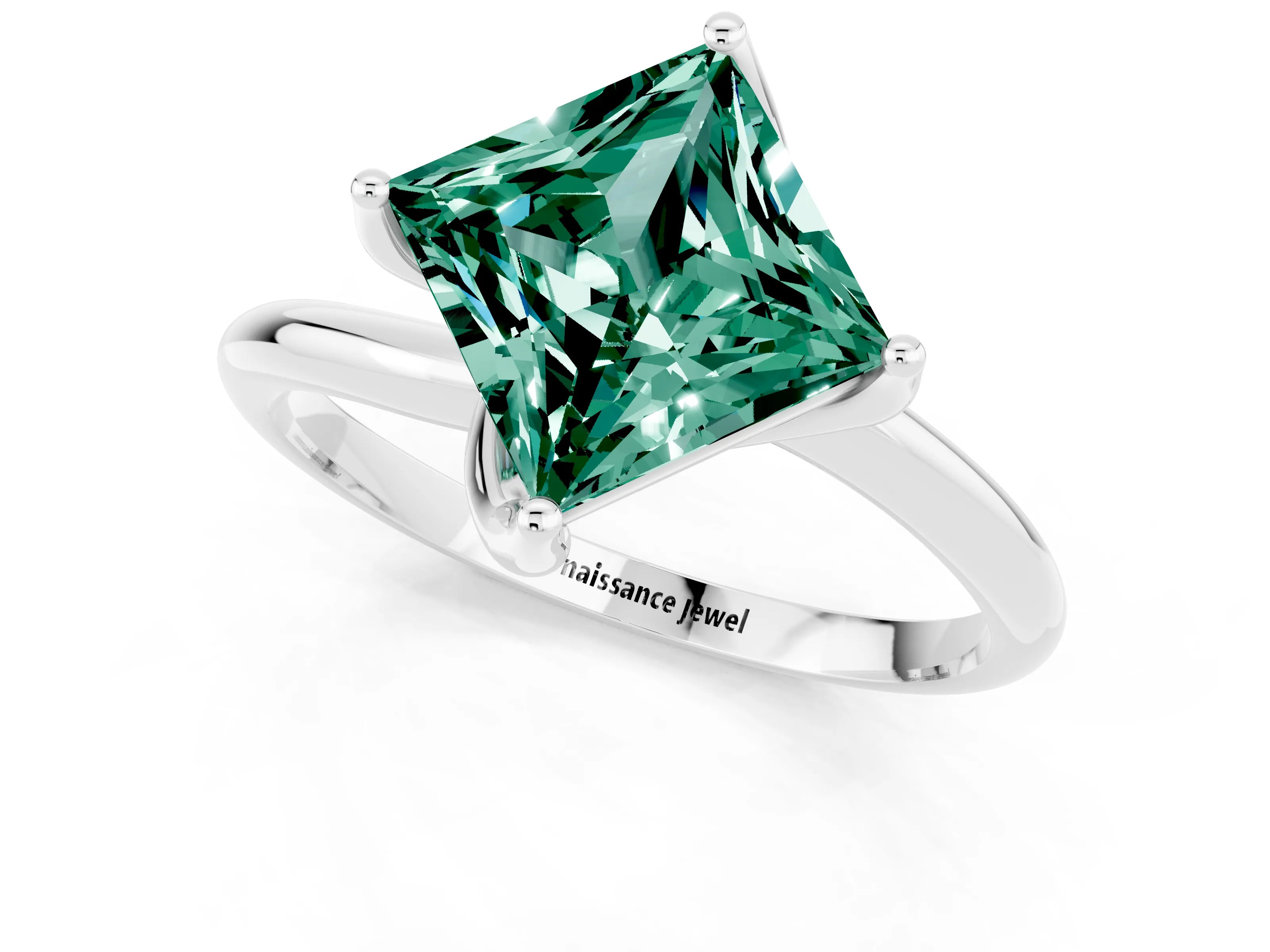 White gold Princess Cut Green Sapphire Solitaire Engagement Ring with Four-Prong Setting and Classic Band_13