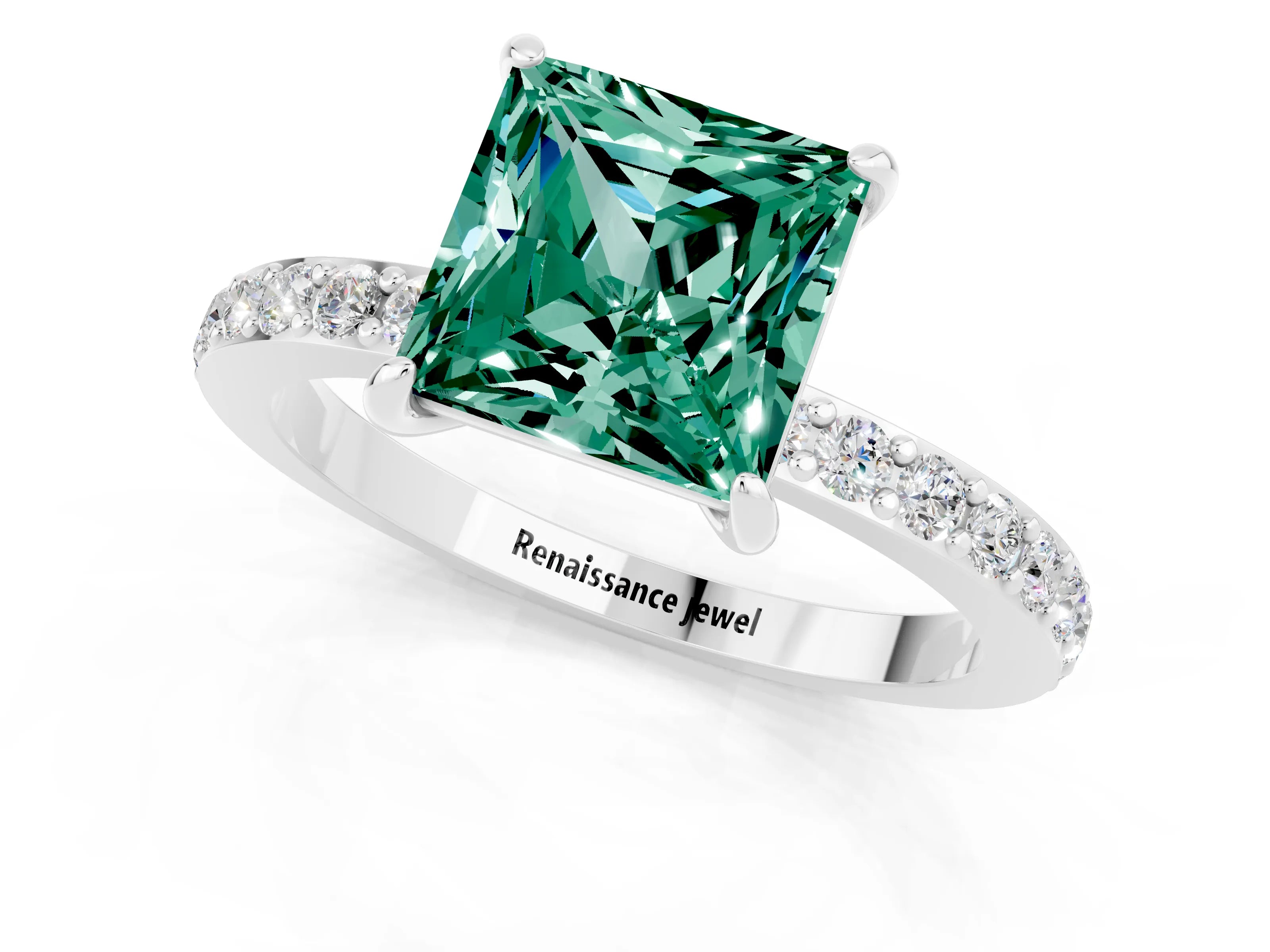White gold Princess Cut Green Sapphire Solitaire Engagement Ring with Pavé Band and Four-Prong Setting_1