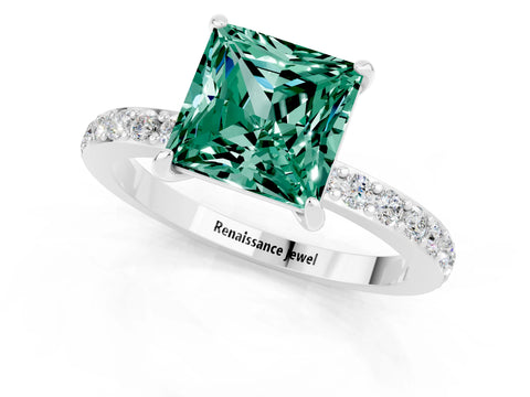 White gold Princess Cut Green Sapphire Solitaire Engagement Ring with Pavé Band and Four-Prong Setting_1