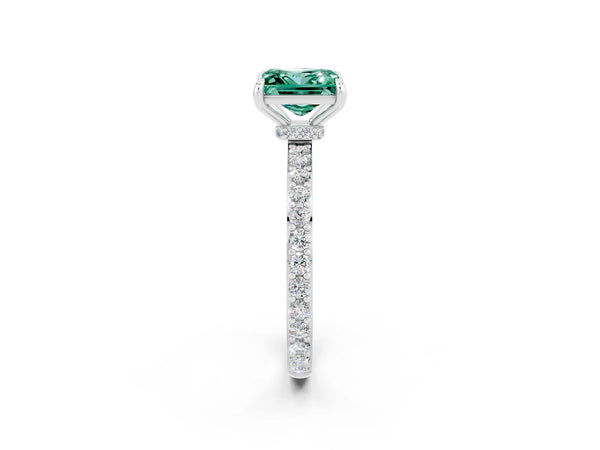 Platinum Princess Cut Green Sapphire Solitaire Engagement Ring with Pavé Band and Four-Prong Setting