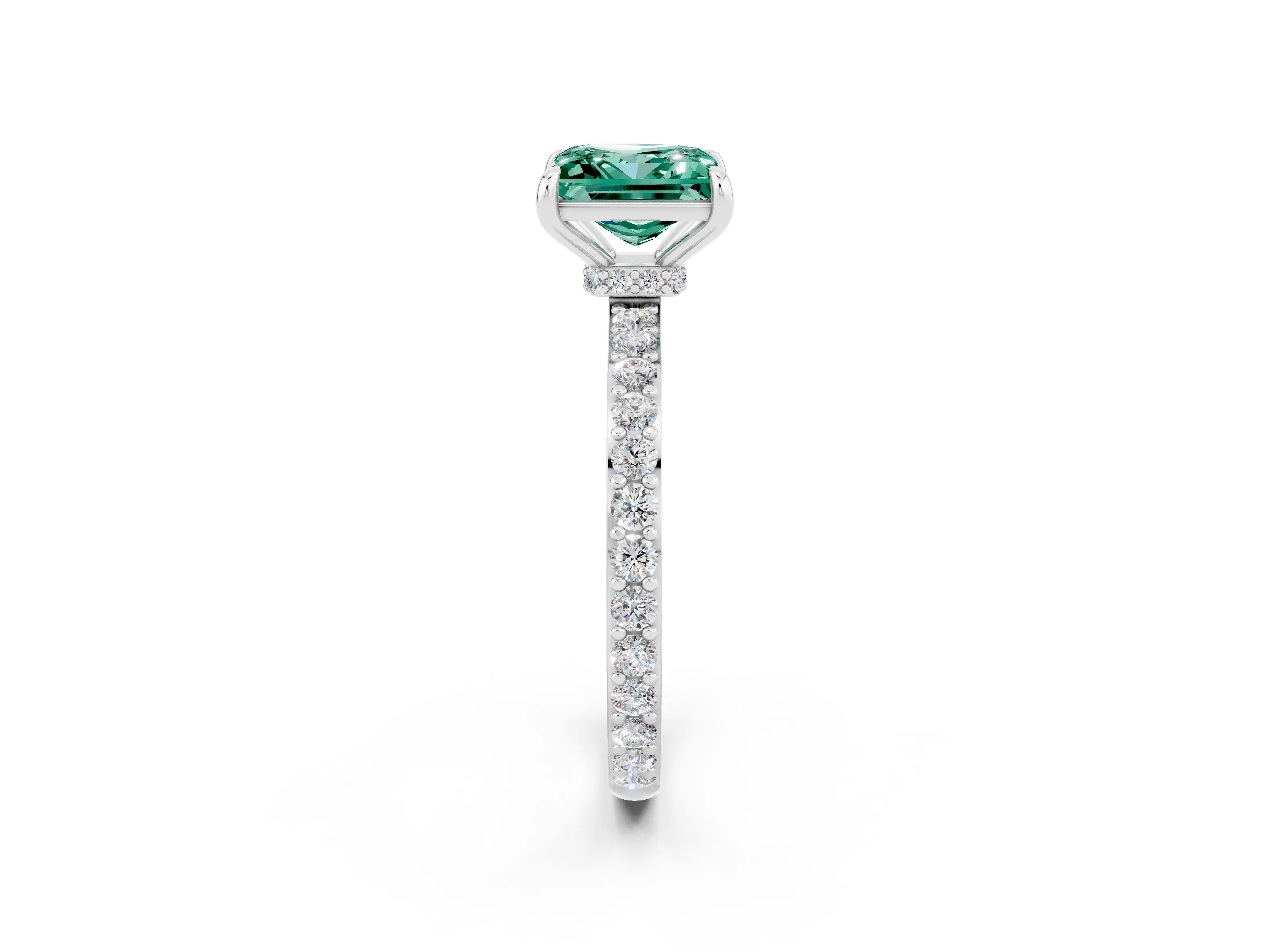 White gold Princess Cut Green Sapphire Solitaire Engagement Ring with Pavé Band and Four-Prong Setting_2