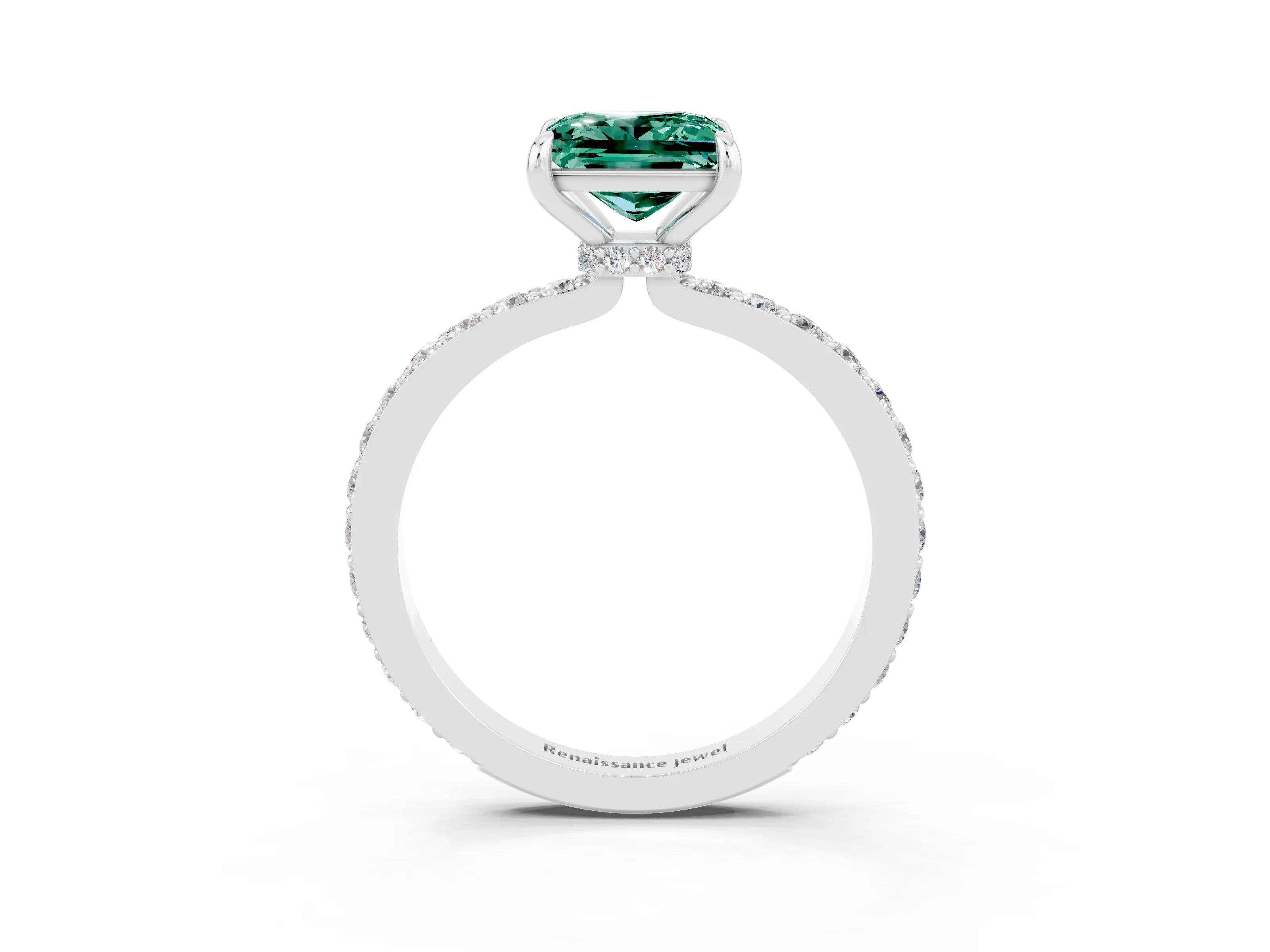 White gold Princess Cut Green Sapphire Solitaire Engagement Ring with Pavé Band and Four-Prong Setting_3