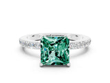 White gold Princess Cut Green Sapphire Solitaire Engagement Ring with Pavé Band and Four-Prong Setting
