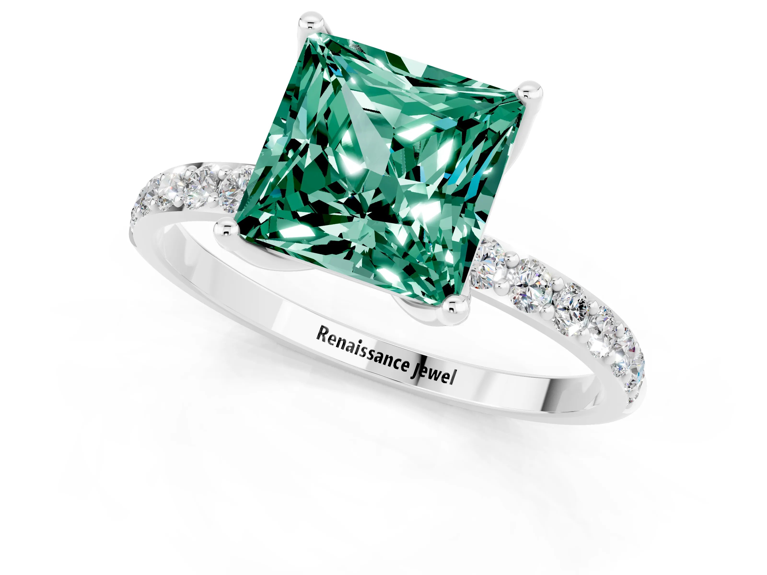 White gold Princess Cut Green Sapphire Solitaire Engagement Ring with Pavé Band and Prong Setting_1