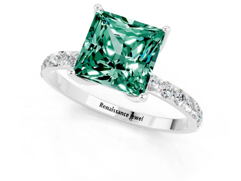 White gold Princess Cut Green Sapphire Solitaire Engagement Ring with Pavé Band and Prong Setting_1