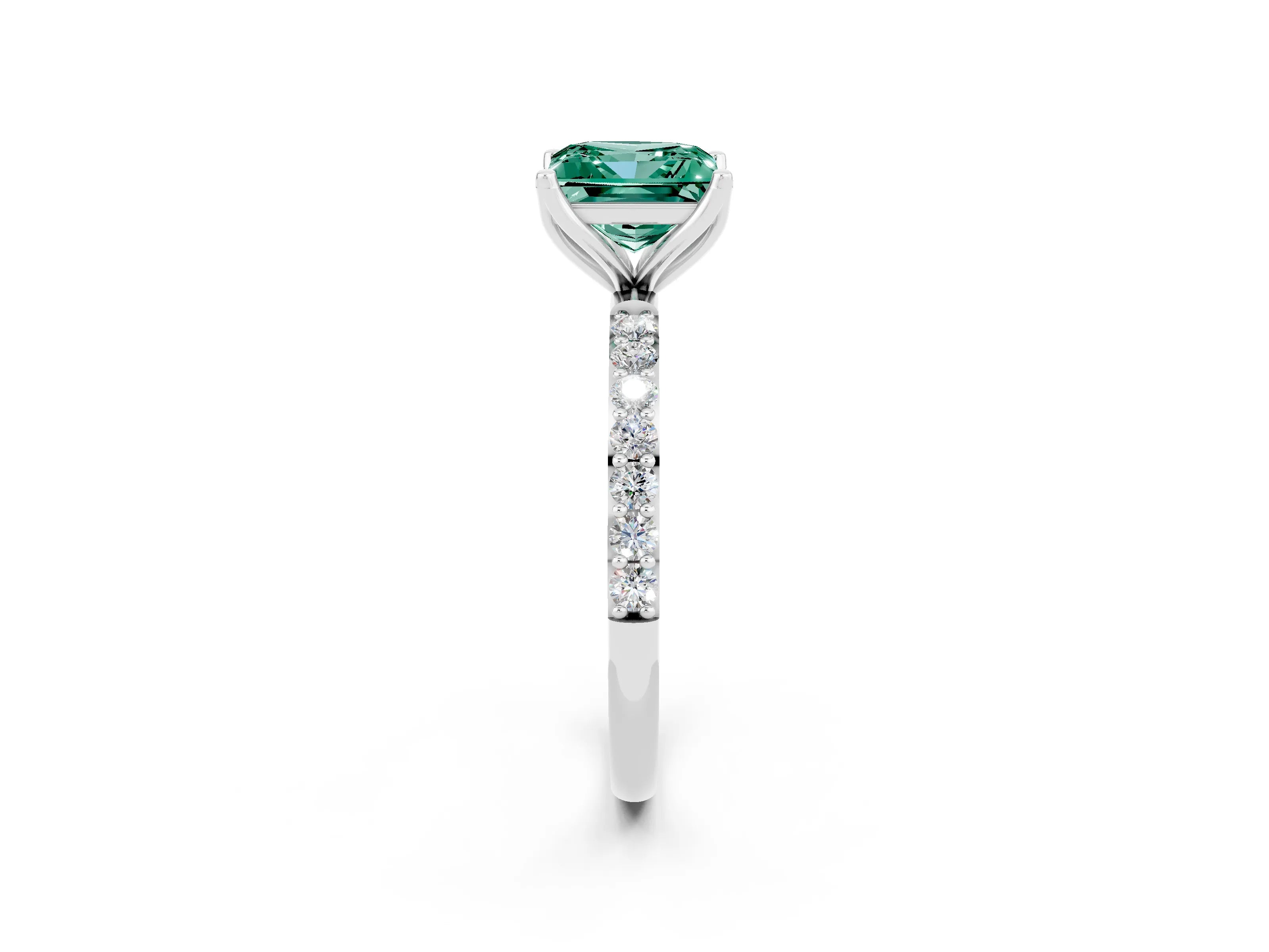 White gold Princess Cut Green Sapphire Solitaire Engagement Ring with Pavé Band and Prong Setting_2