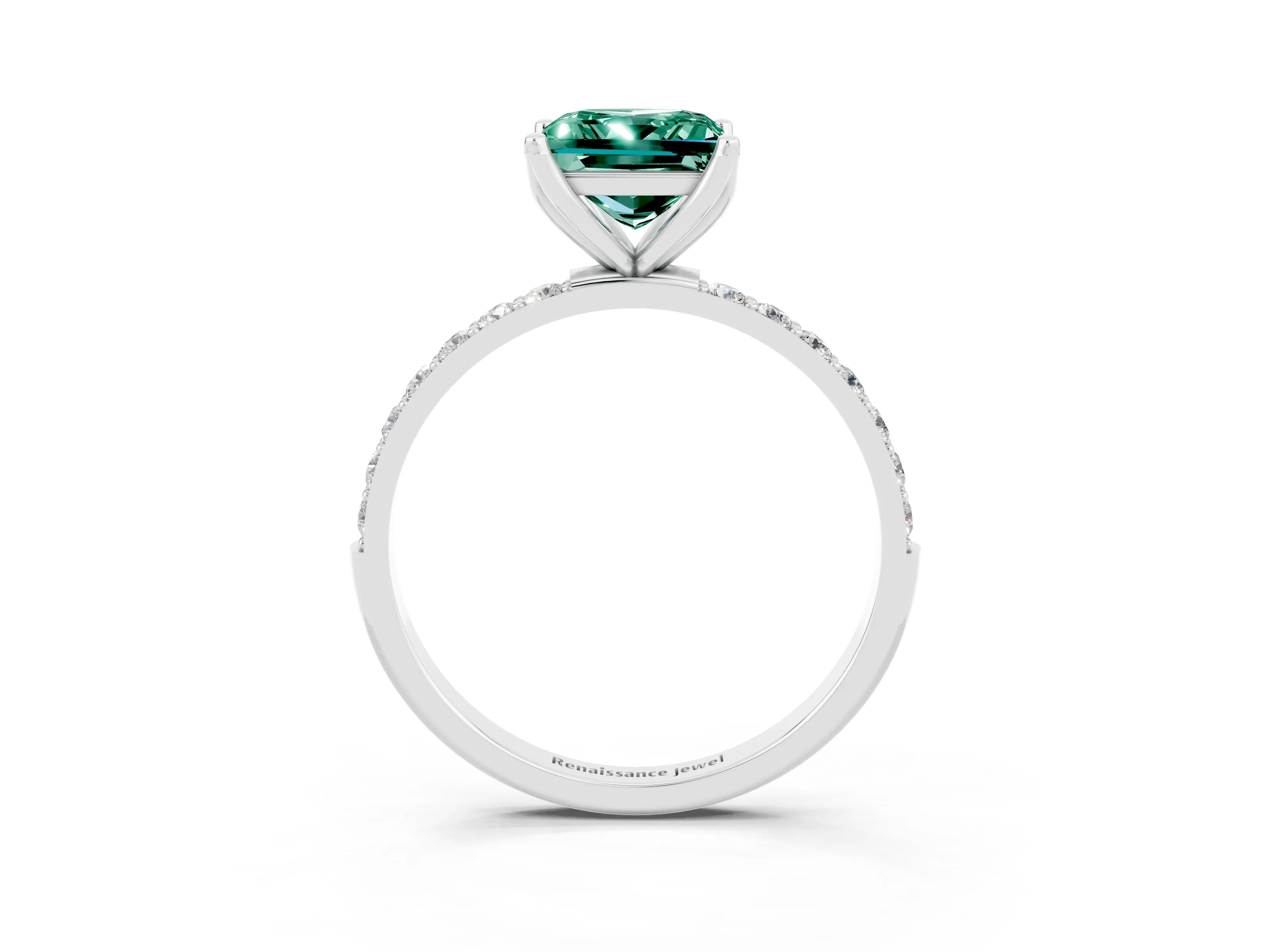 White gold Princess Cut Green Sapphire Solitaire Engagement Ring with Pavé Band and Prong Setting_3
