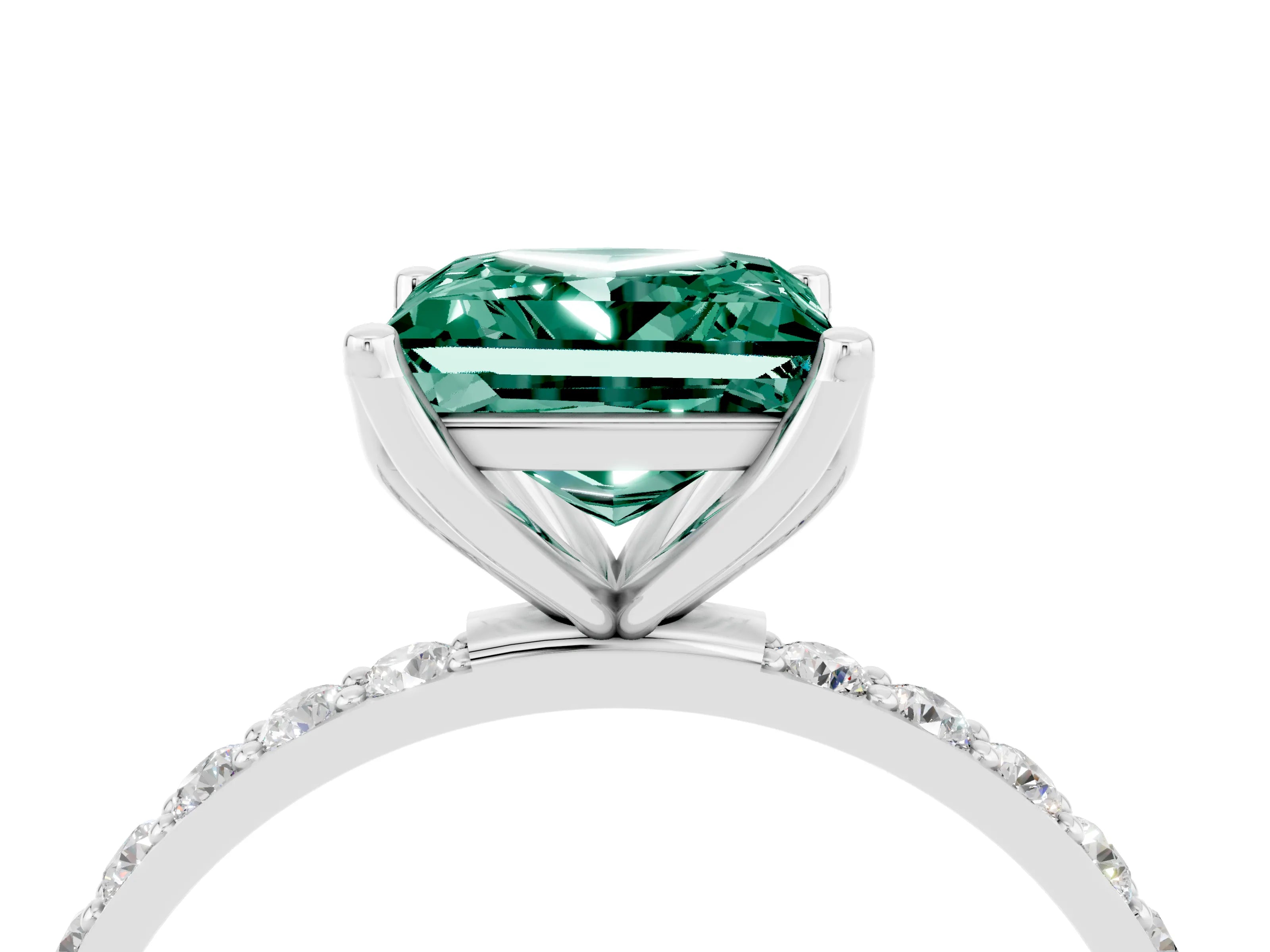 White gold Princess Cut Green Sapphire Solitaire Engagement Ring with Pavé Band and Prong Setting_4