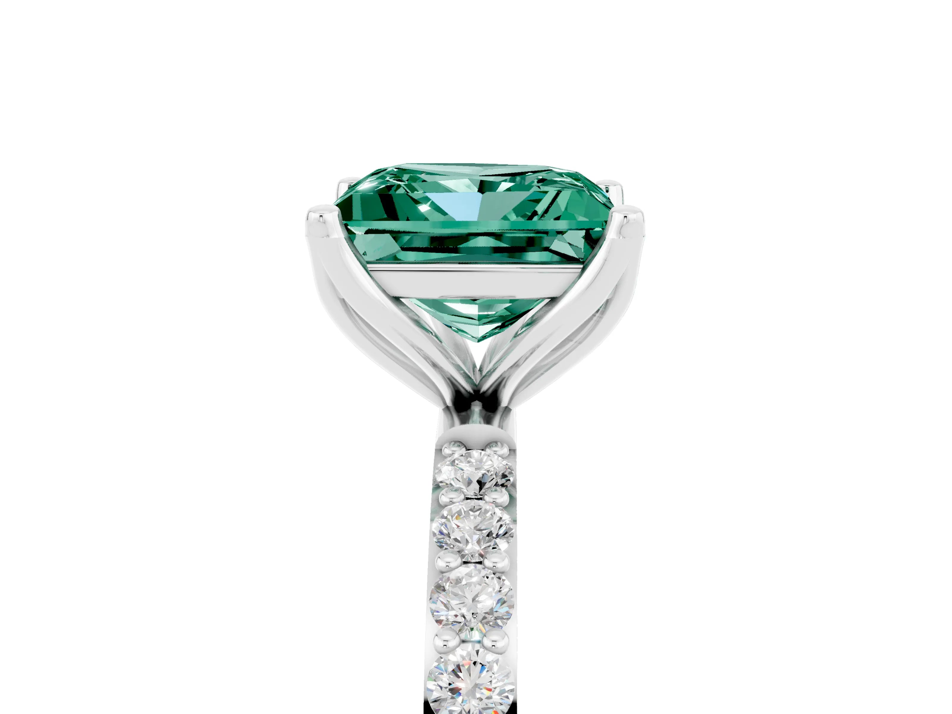 White gold Princess Cut Green Sapphire Solitaire Engagement Ring with Pavé Band and Prong Setting_5
