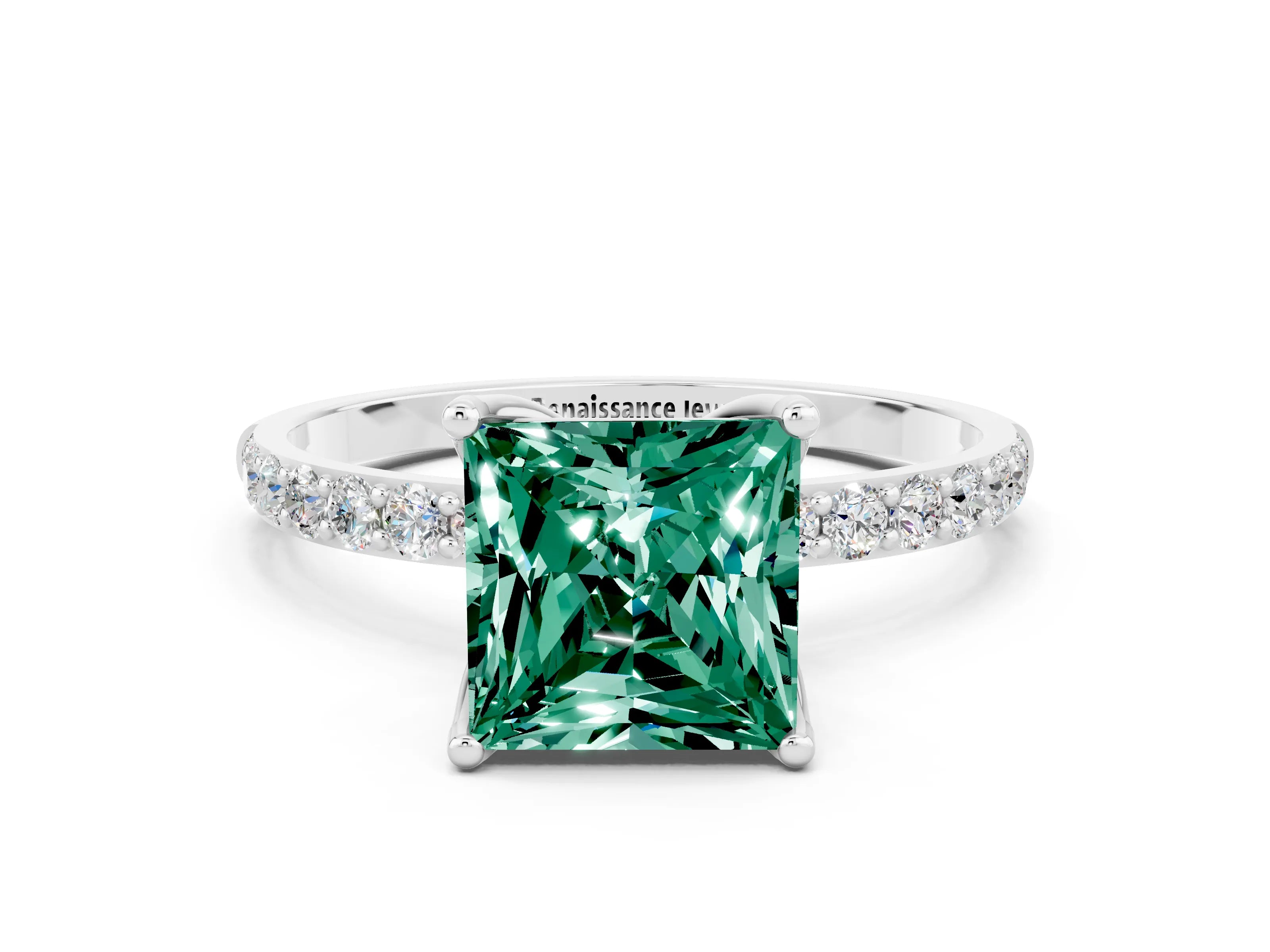 White gold Princess Cut Green Sapphire Solitaire Engagement Ring with Pavé Band and Prong Setting