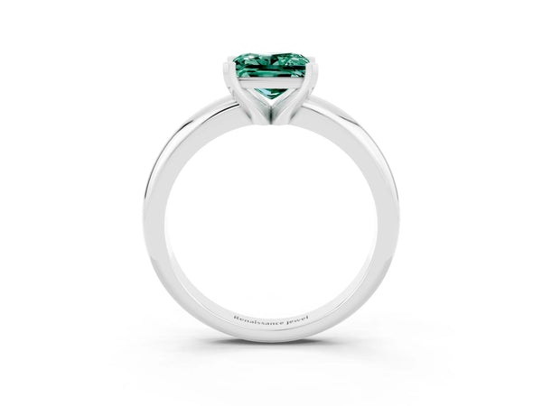 Platinum Princess Cut Green Sapphire Solitaire Engagement Ring with Round Band and Four-Prong Setting