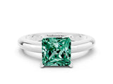 White gold Princess Cut Green Sapphire Solitaire Engagement Ring with Round Band and Four-Prong Setting