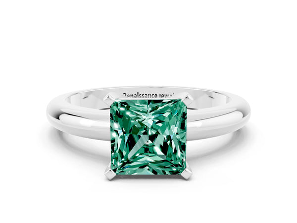 Silver Princess Cut Green Sapphire Solitaire Engagement Ring with Round Band and Four-Prong Setting