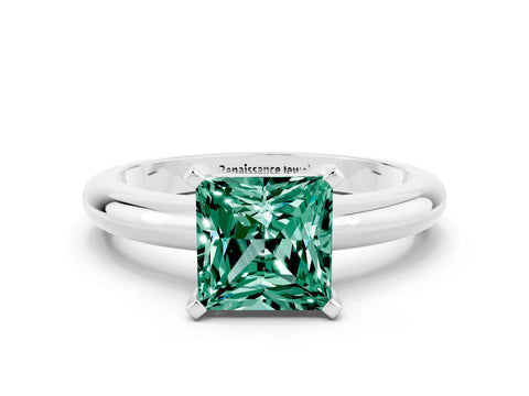 White gold Princess Cut Green Sapphire Solitaire Engagement Ring with Round Band and Four-Prong Setting