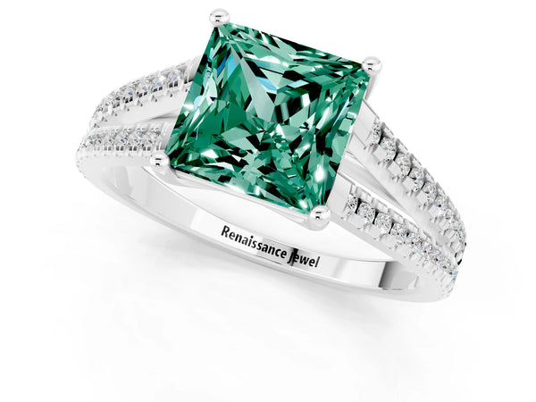 Platinum Princess Cut Green Sapphire Solitaire Engagement Ring with Split Shank Pavé Band