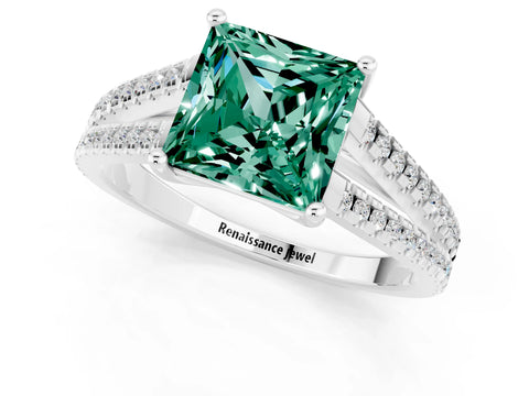 White gold Princess Cut Green Sapphire Solitaire Engagement Ring with Split Shank Pavé Band_1
