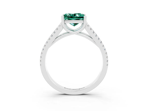 Platinum Princess Cut Green Sapphire Solitaire Engagement Ring with Split Shank Pavé Band