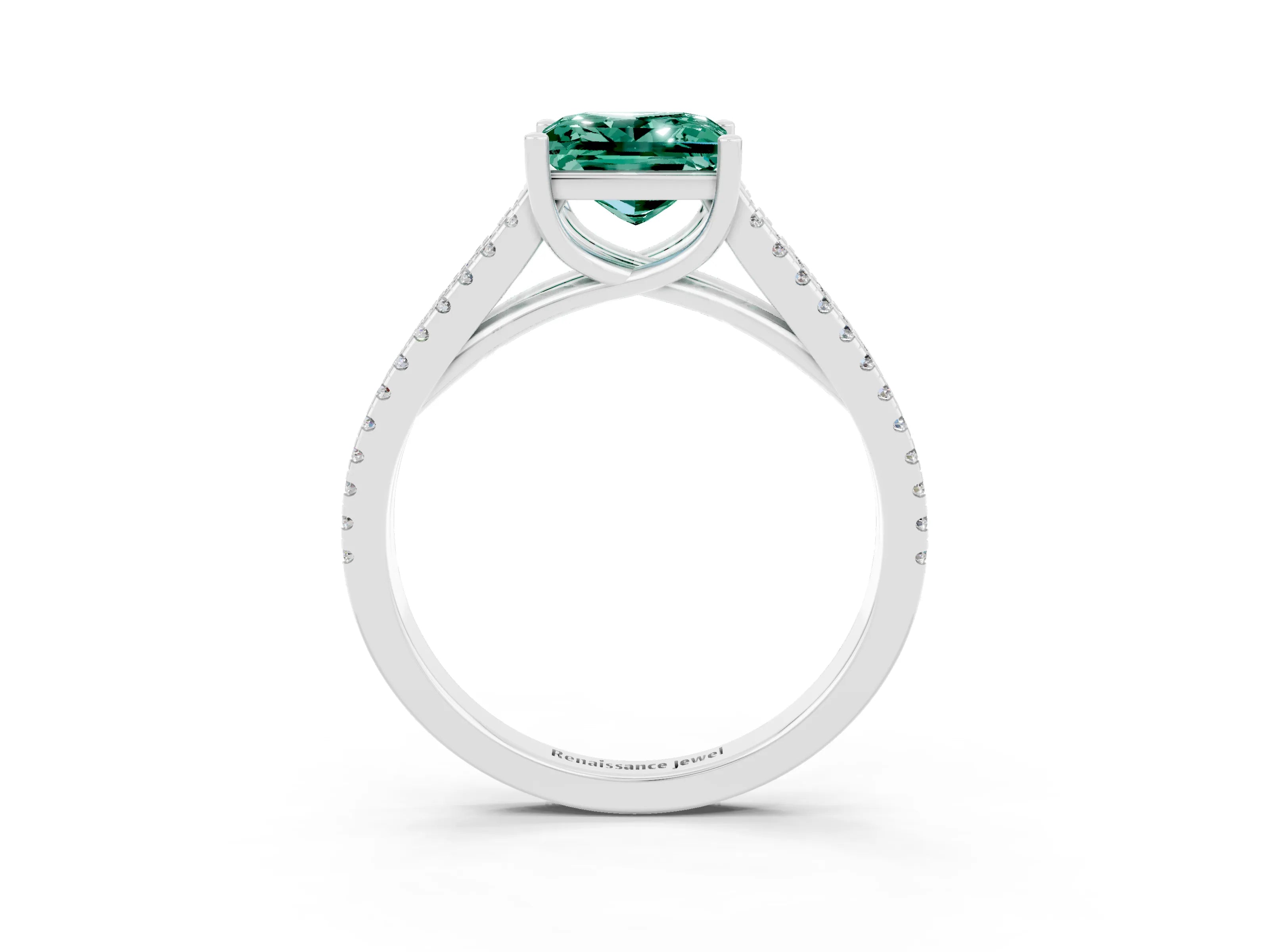 White gold Princess Cut Green Sapphire Solitaire Engagement Ring with Split Shank Pavé Band_3