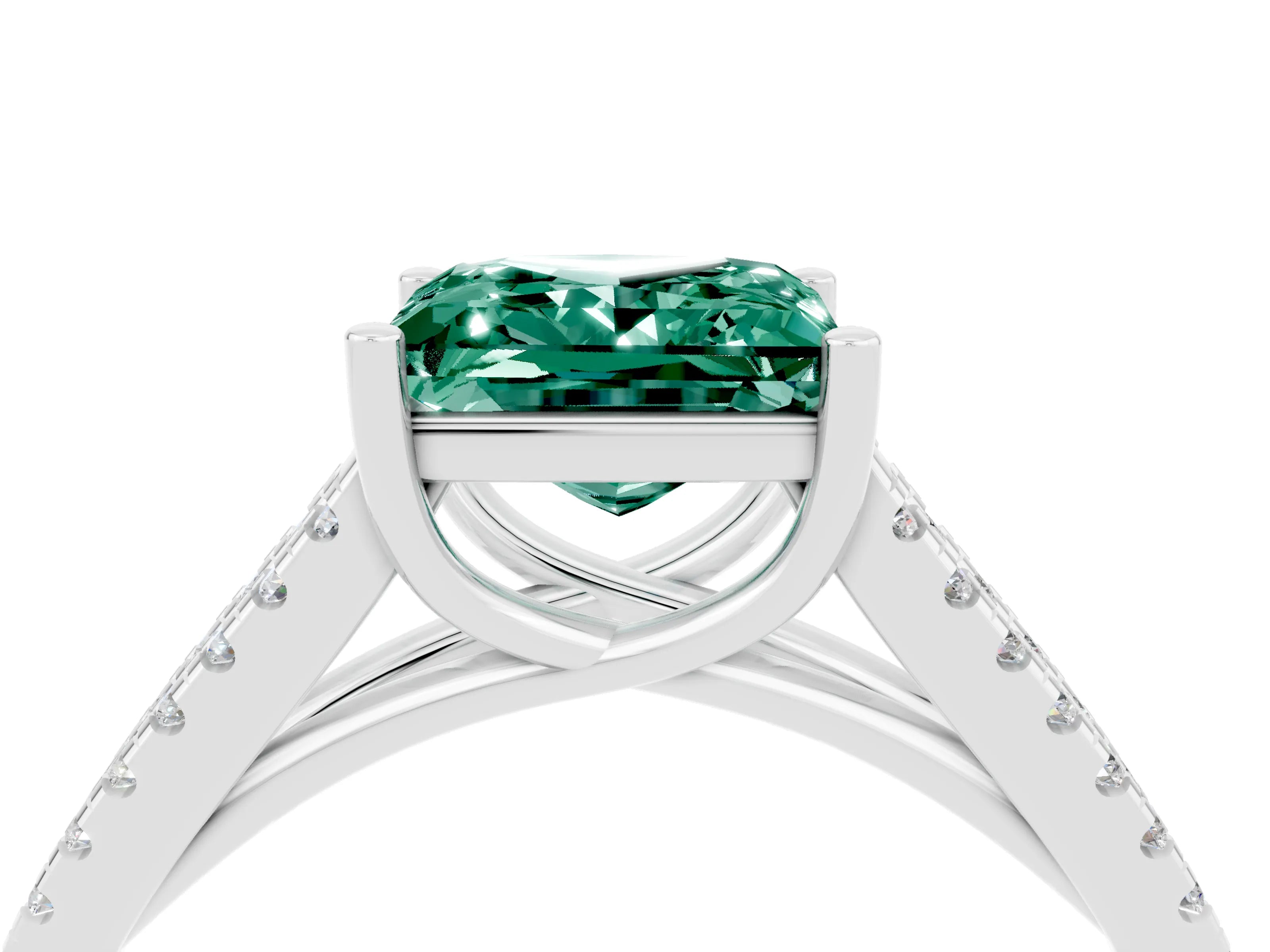 White gold Princess Cut Green Sapphire Solitaire Engagement Ring with Split Shank Pavé Band_4